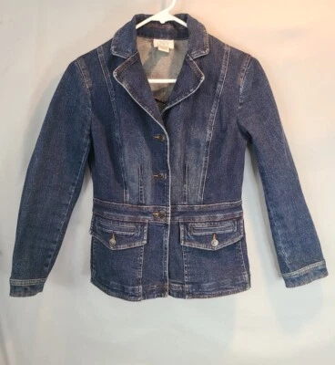 Jaqueta jeans Ann Taylor Loft Petites feminina ajustada azul média jeans stretch 4P - Imagem 1 de 3