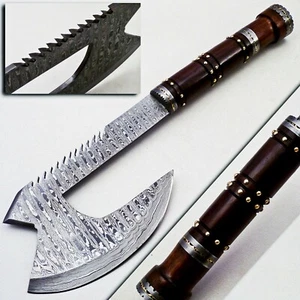 BEAUTIFUL HANDMADE DAMASCUS STEEL HATCHET TOMAHAWK AXE / KNIFE HANDLE ROSE WOOD - Picture 1 of 12