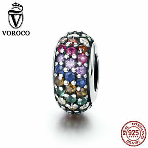 Voroco Real 925 Sterling Silver Rainbow Charm Bead Colorful Crystal Fit Bracelet