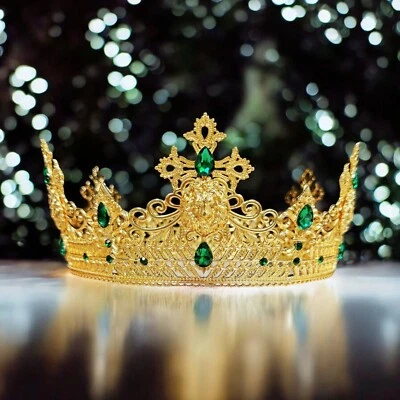 Золотой король лев корона, принц свадьбы диадема, зеленый кристалл корона, подарок для папы - Изображение 1 из 4