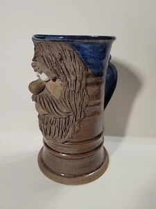 3D Ugly/Funny Mustache Face Stoneware Pottery Mug Blue/Brown Glaze Signed 7" - Picture 1 of 9