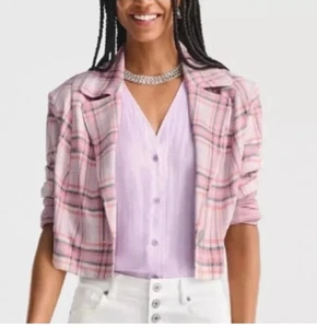 Cabi Playdate Plaid Pink Cropped Blazer Jacket Size Small #6257 Soft Stretch - Picture 1 of 8
