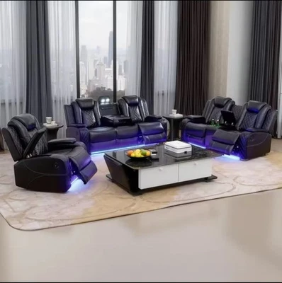 🛋️ Luxury Black Reclining Sofa Set with LED Light, Storage Console & Wireless C - Image 1 of 4
