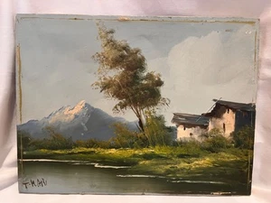 Dipinto olio paesaggio pastorale vintage con capanna firmato T Mari - Foto 1 di 13