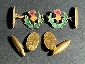 2 Pairs Vintage Gilt Gold Tone Chain Link Cufflinks Enamel Scottish Thistles - Picture 1 of 8