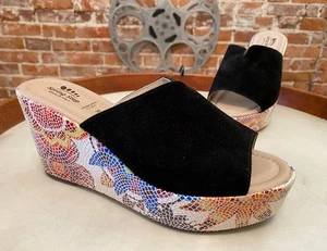 Spring Step Black Multi Suede Floral Wedge Sandals Laylani 39 8.5 New - Picture 1 of 3