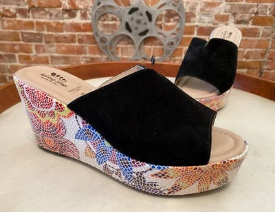 Spring Step Black Multi Suede Floral Wedge Sandals Laylani 39 8.5 New - Image 1 of 3