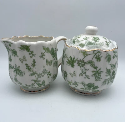 Grace Teaware Greeny Garden Fine Porcelain Sugar & Creamer Set Gold Rim New B97 - Image 1 of 4