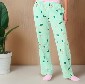 Schlaf schicke Damen Fleece Pyjamahose mit Socken grün Igel Gr. XL - Bild 1 von 2