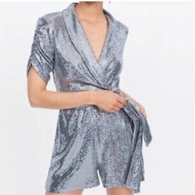 Zara Silver Metallic Sequin Sparkly Shimmer Short Sleeve Wrap Romper Shorts Sz S Foto 1 de 4
