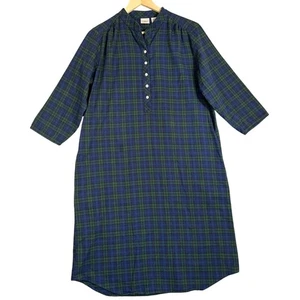 LL Bean Nightshirt Women Small Navy Green Flannel Tartan Plaid Pockets Nightgown - Picture 1 of 11