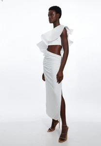 Karen Millen Ruffle Ponte And Cotton Mix Jersey Cut Out Midi Dress Size M - Picture 1 of 5