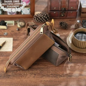 Estuche para lápices de cuero genuino vintage con cremallera bolígrafo de papelería bolsa de almacenamiento - Imagen 1 de 15