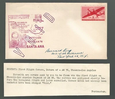 US First Flight Cover Void Phoenix Arizona to Los Angeles California - Image 1 of 3