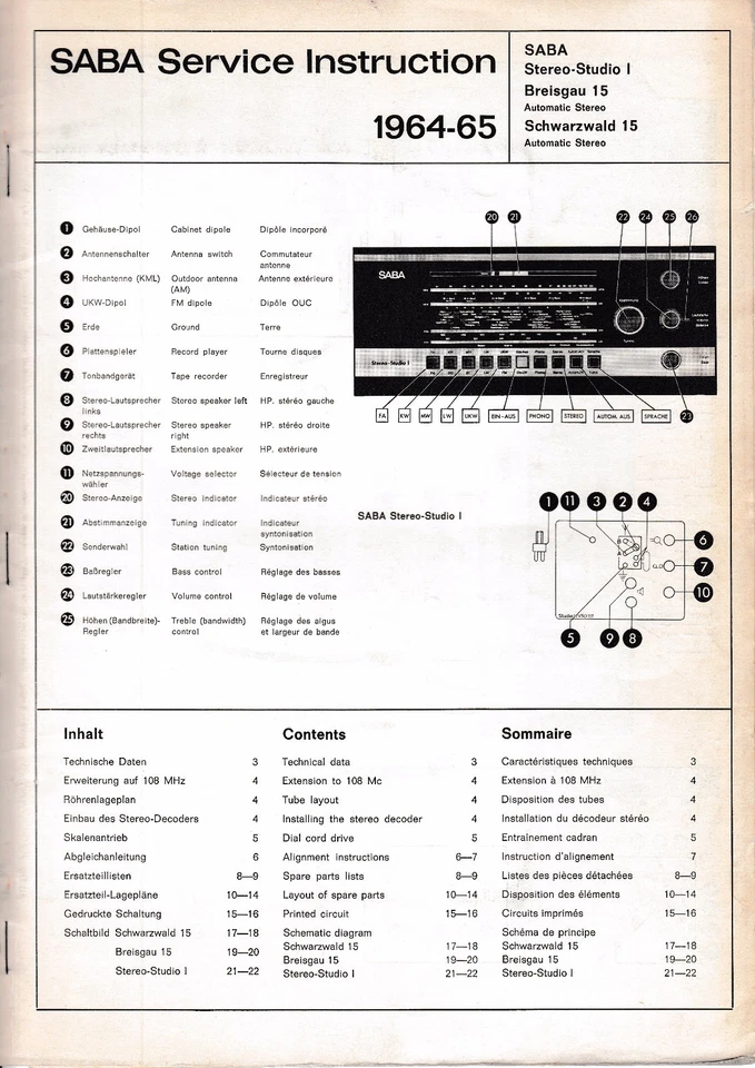 Service Manual für Saba HiFi-Studio I Stereo,Breisgau 15,Schwarzwald 15 1964-65  - Bild 1 von 1