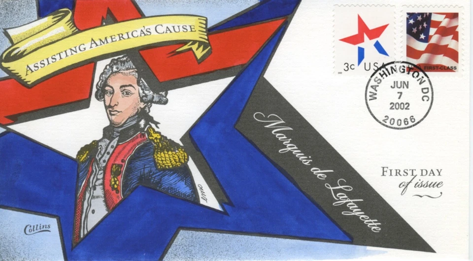 # 3623+3613 single FDC Collins Hand-Painted Marquis de Lafayette cachet Perfect! - Image 1 of 1