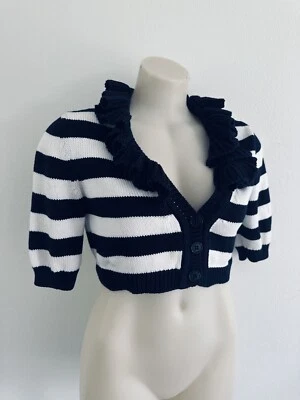 Cárdigan Moschino Tejido Algodón Bolero Azul Marino Blanco Rayas Volantes Cortos Talla IT 46 L Foto 1 de 4