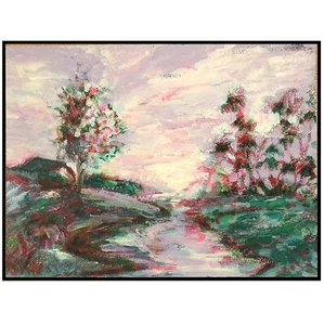 Painting Original Florida Palm Abstract landscape Stream Art Varnished Signed - Picture 1 of 7