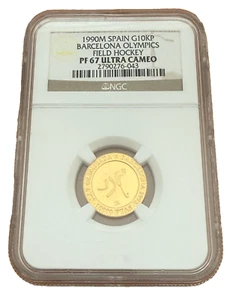 Spain 1990 M Gold 10000 Pesetas NGC PF67UC Barcelona Olympics - Field Hockey - Picture 1 of 2