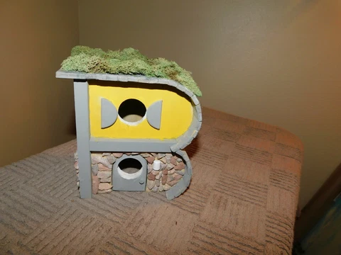 Handmade Wood Birdhouse Art Deco Modern w/ Stone Wall Door Opens Cover