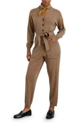 Alex Mill V-Neck 55% Wool 45% Cotton Knit Sweater Onepiece Jumpsuit In Camel M - Image 1 of 4