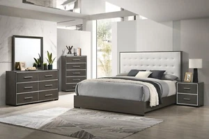6pc King Size Brown Finish Gray Upholstered Bed Wooden Bedroom Furniture Set - Picture 1 of 10