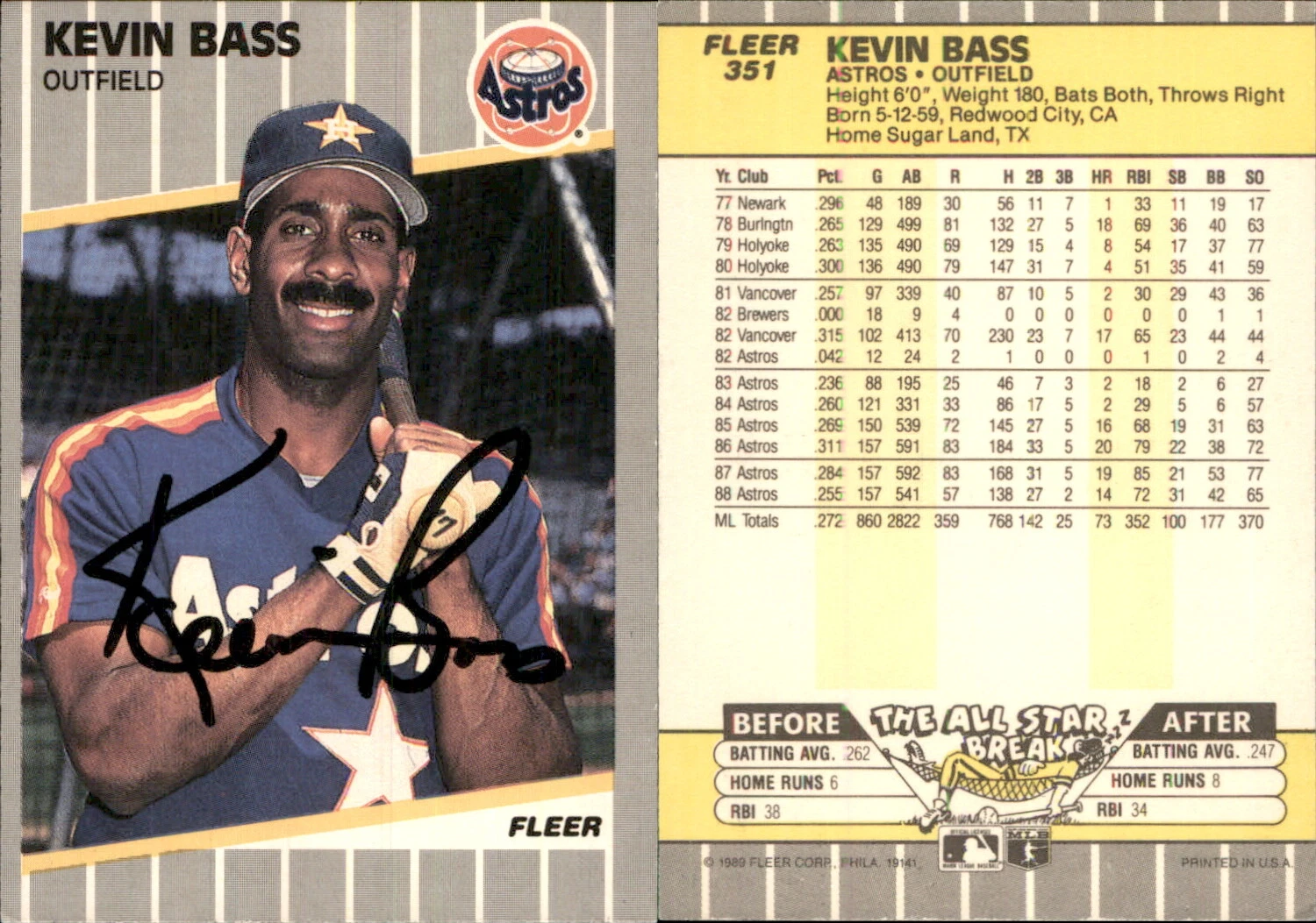 Kevin Bass Signed 1989 Fleer #351 Card Houston Astros Auto AU