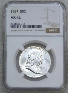 1957 P Franklin Half Dollar NGC MS64 Frosty White Just Graded New Holder #V93D - Picture 1 of 3