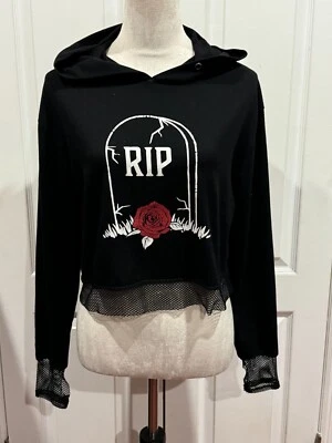 Hoodie Women Black Pullover Long Sleeve Cropped  RIP Graphic 18"Lx18"W Sz M - Image 1 of 4