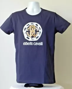NWT MEN's ROBERTO CAVALLI SIGNATURE MULTICOLOR LOGO GRAPHIC T-SHIRT NAVY Size XL - Picture 1 of 3