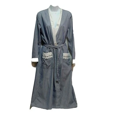 Envoltura de bata Celestial Dreams azul y blanco a rayas mezcla de algodón larga M Foto 1 de 4