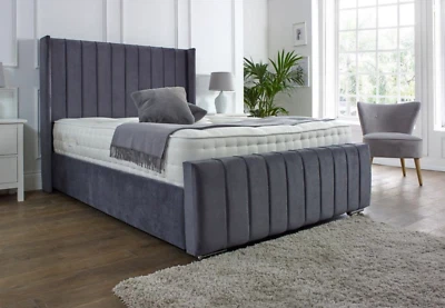 PANEL LINES  WING PLUSH VELVET SLEIGH BED FRAME OTTOMAN GAS LIFT STORAGE OPTIONS - Image 1 of 4