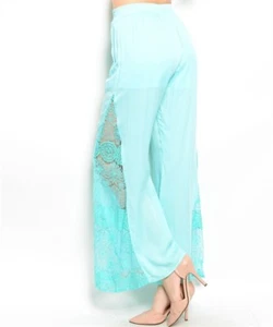 CLEARANCE Women's Lace-Side, Boho-Style Palazzo Pants in a Soft Minty-Aqua Color - Picture 1 of 2