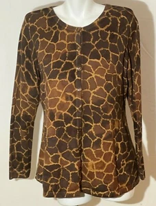 Brown Animal Print Women Top Shirt Large Isaac Mizrahi Button Down Lt Sweater - Picture 1 of 7