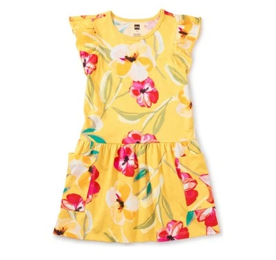 Vestido Tea Flutter Manga Bolsillo Amarillo Con Estampado Floral Niñas Pequeñas Talla 16  Foto 1 de 4
