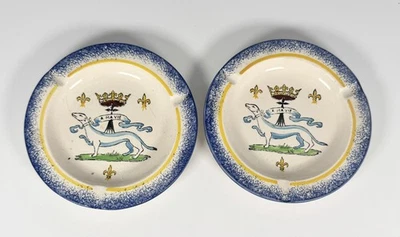 French Faience Set of 2 Ashtrays Dog and Crown 1920'S - A Ma Vie - Image 1 of 3