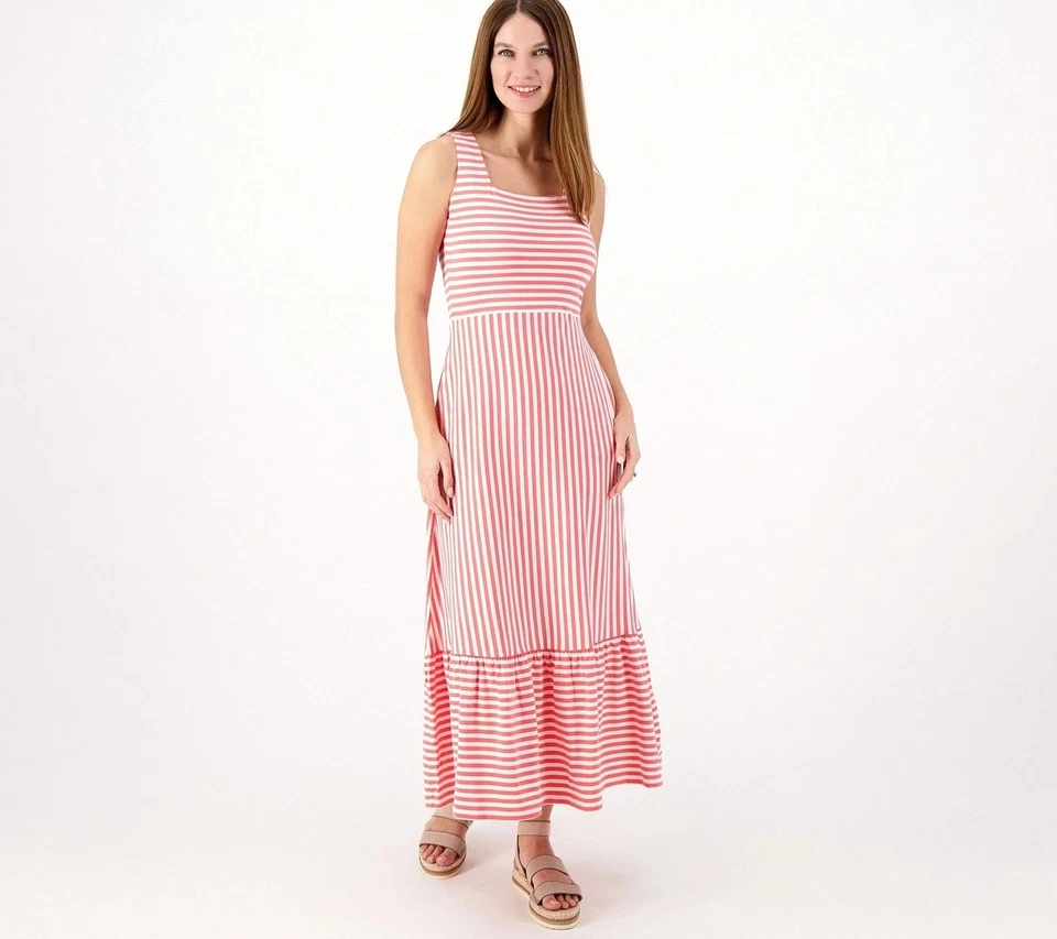 Lands' End Petite Square Neck Tiered Maxi Dress WoodLilyStripe L New - Image 1 of 1