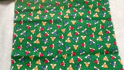 Fabric Springs "Pixie Angels" Red Blue Gold on Forest Green 14" x 27" $2.95 - Image 1 of 2