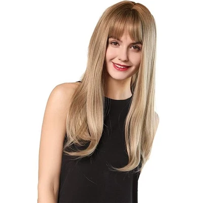 Peluca Premium 24 pulgadas rubia dorada clara cabello largo liso con flequillo Foto 1 de 4