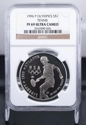Certified 1996-P Silver $1 NGC PF69 Ultra Cameo Olympics Tennis - Image 1 of 4