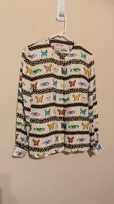 Vtg 80s Maggy London Striped Polka Dot Butterfly Print Silk Blouse Top 4 - Image 1 of 4