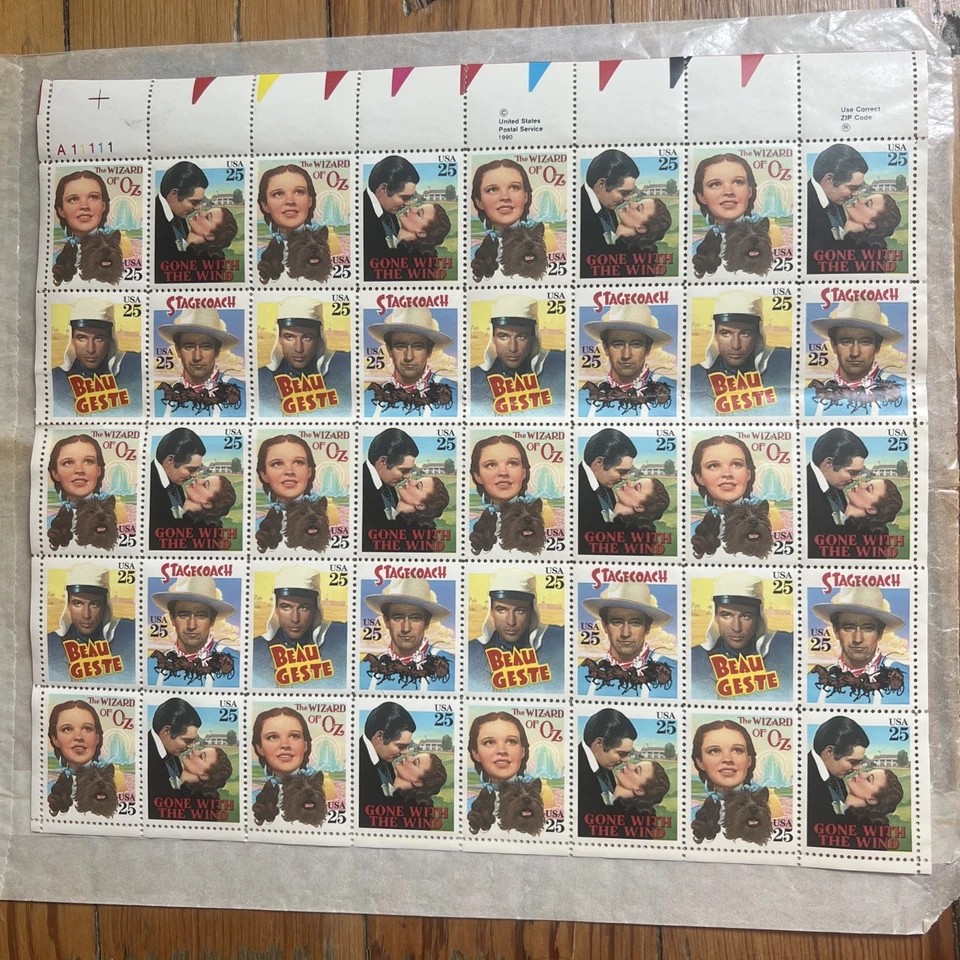 1990 Stamps 25 cent Classic Films Full Sheet of 40 Wizard of Oz etc - Image 1 of 4