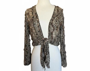 Camicetta Chico’s 100% seta stampa animalier leopardata cravatta davanti XS manica lunga top - Foto 1 di 14