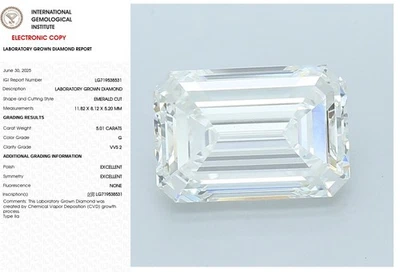 5.01 Emerald Lab Grown Diamond For Engagement Ring IGI Certified G VVS2 - Image 1 of 4
