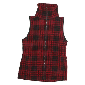 CHAPS Womens Red & Black Check Fleece Jacket S Polyester Zip Sleeveless - Picture 1 of 6
