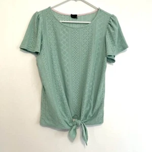 W5 ANTHROPOLOGIE Eyelet Tie Front Top Aqua Green Blue Short Puff Sleeve Medium M - Picture 1 of 9