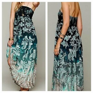 Maxi Vestido Boho Free People Sin Tirantes Verde Azulado Cintura Imperio Cachemira Ombre Fluido XS - Imagen 1 de 12