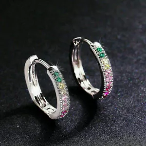 2Ct Round Cut Multi-stone Diamond Huggie Hoop Earrings 14K White Gold Finish - Picture 1 of 5