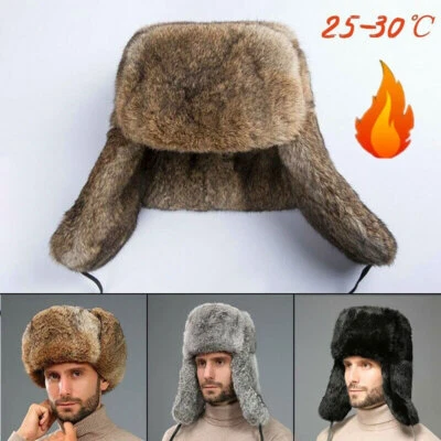 Men Imitation Rabbit Fur Hat Russia Trapper Earflap Ski Cap Windproof Ushanka US - Image 1 of 4