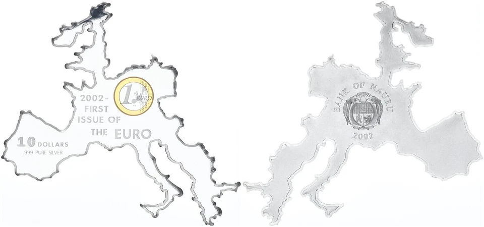 Moneda de plata fina de 1 onza Nauru de 10 dólares 2002 como mapa de Europa para huevo euro 103900 Foto 1 de 1